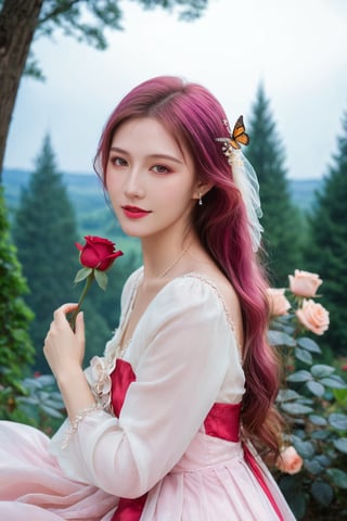 (ultra realistic,best quality),photorealistic,Extremely Realistic,in depth,cinematic light,hubggirl, 

BREAK 
princess, pink hair, pink eyes, pink dress, long hair, flowing hair, gentle smile, graceful, elegant, beautiful, delicate features, rose-themed, floral accents, magical aura, fantasy setting, soft lighting, magical glow, whimsical, dreamlike, enchanting atmosphere, storybook-like, fairytale-inspired, surrounded by nature, magical creatures, enchanting forest, glowing flowers, butterfly accessories, delicate butterfly wings, gentle breeze, flowing dress, peaceful, serene, magical powers, glowing eyes, magical symbols, enchanted rose, fairy tale castle, magical landscape, fantasy art, masterwork, 

BREAK 
perfect hands, perfect lighting, vibrant colors, intricate details, high detailed skin, intricate background, 
realistic, raw, analog, taken by Canon EOS,SIGMA Art Lens 35mm F1.4,ISO 200 Shutter Speed 2000,Vivid picture,More Reasonable Details