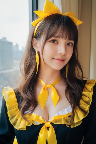 1girl, solo, long hair, looking at viewer, blush, smile, bangs, brown hair, shirt, long sleeves, dress, ribbon, jewelry, closed mouth, yellow eyes, upper body, earrings, frills, hand up, twitter username, black dress, window, neck ribbon, floating hair, yellow ribbon,
surreal dramatic lighting shadow (lofi, analog), kodak film by Brandon Woelfel Ryan McGinley,
