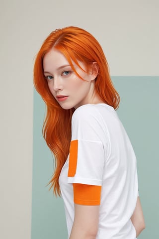 hubggirl,
A stunning minimalist illustration featuring a young woman with vibrant orange hair that falls to her mid-length. She is wearing a fitted white t-shirt with orange patches on the sleeves, which are slightly wet and clinging to her body, revealing her form. The background is simple and clean, allowing the focus to remain solely on the woman's captivating appearance.

