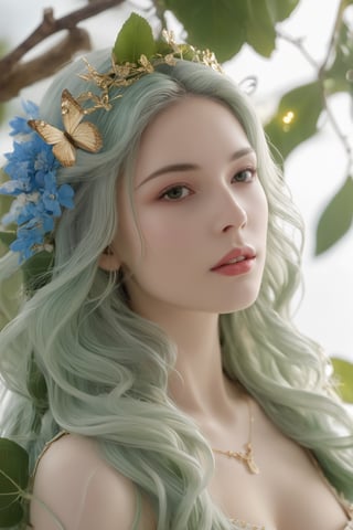(ultra realistic,best quality),photorealistic,Extremely Realistic, in depth, cinematic light,hubggirl,
porcelain skin, baroque, long swirling green hair, lavish green leaves, falling blue flowers, celestial lighting, butterflies, tree branches, sky, golden glowing, water drops,

perfect lighting, vibrant colors, intricate details,
high detailed skin, pale skin,
intricate background, realism,realistic,raw,analog,portrait,photorealistic,
taken by Canon EOS,SIGMA Art Lens 35mm F1.4,ISO 200 Shutter Speed 2000,Vivid picture,hubg_mecha_girl