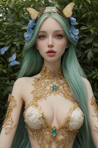 splash art, digital painting, alcohol ink painting, luminism, golden lines, BjD doll face, porcelain skin, baroque, long swirling green hair, lavish green leaves, falling blue flowers, celestial lighting, butterflies, tree branches, sky, golden glowing, water drops,

best quality, masterpiece, high res, absurd res,
perfect lighting, vibrant colors, intricate details,
high detailed skin, pale skin,
,HUBGGIRL, HUBG_Mecha_Armor,hubgwomen,hubg_mecha_girl