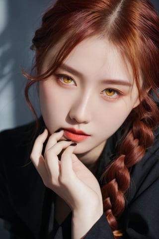 (ultra realistic,best quality),photorealistic,Extremely Realistic,in depth,cinematic light,hubggirl,

BREAK

stunning anime portrait of a red-haired girl with intense yellow eyes, close-up view, intricate hand details, braided hair, dark clothing, strong light and shadow contrasts, black nails, 17 years old, 

BREAK

dynamic poses, particle effects, perfect hands, perfect lighting, vibrant colors, intricate details, high detailed skin, intricate background, realistic, raw, analog, taken by Sony Alpha 7R IV, Zeiss Otus 85mm F1.4, ISO 100 Shutter Speed 1/400, Vivid picture, More Reasonable Details,Japanese girl