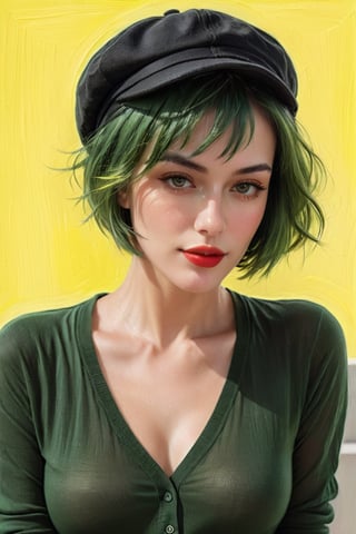 a beautiful  athletic woman 30 years old, , green short hair, yellow shades, disheveled alluring, cap, portrait by Charles Miano, ink drawing, illustrative art, soft lighting, detailed, more Flowing rhythm, elegant, low contrast, add soft blur with thin line, full red lips, green eyes, black clothes.,More Reasonable Details,hubggirl