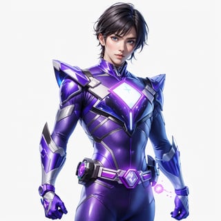 Realistic Image with human anatomically correct proportions and details, tokusatsu, high-school student, attractive non-binary gender fluid androgynous femboy tomboy person, supportive, Super sentai Power Rangers theme, new and unique alien power ranger armor uniform like a idol superstar superhero, Purple Ranger, inspirig lover artist musician actor dancer singer bard, fullbody shot, Spellcaster, sound music motion and feelings elements of power, sonic blade, musical weapons,trap,kpop