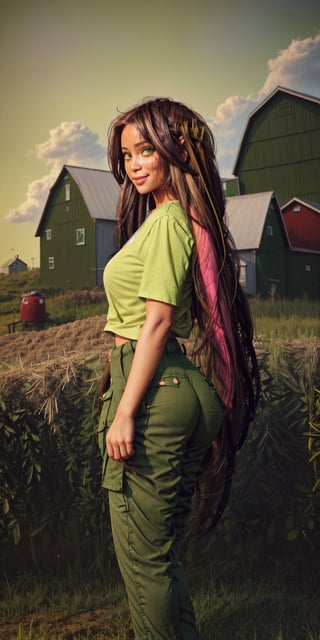 1girl,
photorealistic,
High resolution, very detailed, sharp focus. 8k. Photorealistic.
Full length portrait. Feeds are visible on the photo.
20-years-old farm girl pointing to the camera.
((casual sexy pose)).
((front side view)).
(((wearing farmer's outfit, colorful green t-shirt, olive-colored workman's trousers with many pockets))),
Dress,
((Farm house in the background)).
Very sweet and a charming smile on her face.
Beautiful face with big eyes and long curly hair.
Dark green eyes.
(((Beautiful body with wide hips and a narrow waist))).
Ears covered by hair.
Ears not visible.
(((Long bushy hairstyle))).
(((Bushy mane-like hairstyle))).