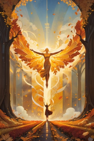 A visually striking cinematic illustration of a figure standing tall with arms outstretched, symbolizing faith. The figure is enveloped in a warm, golden light that fills the composition. A gentle breeze rustles the orange and yellow leaves that surround the central character, creating a sense of movement and life. The overall mood of the piece is uplifting and empowering, inspiring hope and belief in one's own abilities.