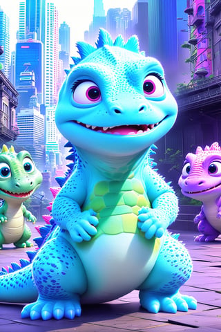 A whimsical and adorable Disney Pixar-style illustration of a baby Godzilla, (((displaying a hint of fear as it encounters a lizard))). The baby Godzilla has an expressive face with big eyes and a cute, vibrant color palette. The background is a cinematic, anime-inspired scene, with a cityscape and vibrant colors. The overall atmosphere is light-hearted and fun, making it a perfect poster for a children's animated film., vibrant, cinematic, poster, anime, illustration,Movie Poster,Godzilla,disney style