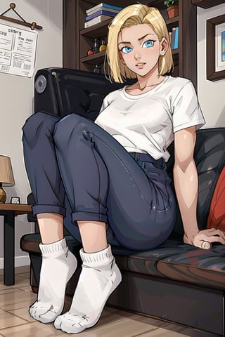 A 20year old girl that has a curvy body, blue eyes:1.2, full lips, blonde hair, short hair, straight_hair, bangs, full-body_portrait, black and white shirt, jeans pants, high detailed. Perfect generator hands, white socks, in her room, perfect generator legs, perfect arms, perfect feet,Android_18_DB,and18