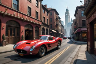 A 1950 Ferrari hypercar, dieselpunk city background, afternoon, dieselpunk retrofuturism, red paint,(masterpiece, best quality, ultra detailed), (high resolution, 8K, UHD, HDR),photorealistic