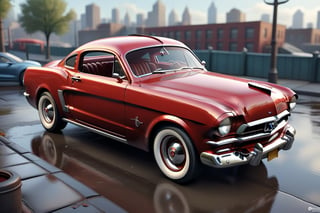 A 1950 Ford Mustang, dieselpunk city background, afternoon, dieselpunk retrofuturism, red paint,(masterpiece, best quality, ultra detailed), (high resolution, 8K, UHD, HDR),photorealistic