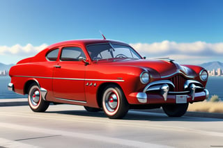 A 1950 Ford Gran Torino, coupe, dieselpunk city background, afternoon, dieselpunk retrofuturism, red and white paint,(masterpiece, best quality, ultra detailed), (high resolution, 8K, UHD, HDR),photorealistic