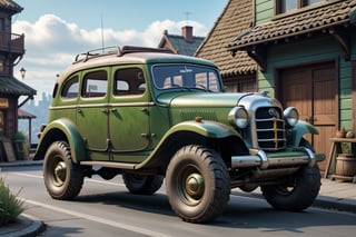 A 1950 Toyota all terrain car, dieselpunk city background, afternoon, dieselpunk retrofuturism, green paint,(masterpiece, best quality, ultra detailed), (high resolution, 8K, UHD, HDR),photorealistic