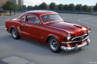 A 1950 Ford Mustang, dieselpunk city background, afternoon, dieselpunk retrofuturism, red paint,(masterpiece, best quality, ultra detailed), (high resolution, 8K, UHD, HDR),photorealistic