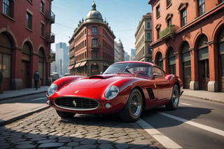 A 1950 Ferrari supercar, dieselpunk city background, afternoon, dieselpunk retrofuturism, red paint,(masterpiece, best quality, ultra detailed), (high resolution, 8K, UHD, HDR),photorealistic