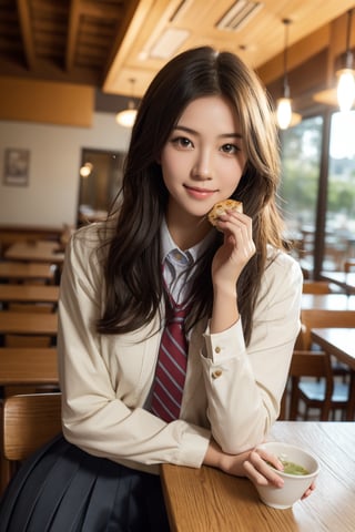 high school student,girl,school uniform,she is having food,smile,kobeyarestaurant, open kitchen, scenery, chair, table, ceiling light, indoors, lamp, cup, restaurant, light, realistic,Best Quality, 32k, photorealistic, ultra-detailed, finely detailed, high resolution, perfect dynamic composition, beautiful detailed eyes, sharp-focus, cowboy_shot,kobeyarestaurant,Asia