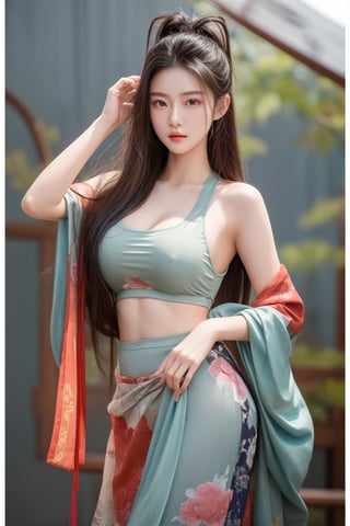 A 18-year-old Taiwanese beauty supermodel, cool and solo, with big natural breasts and long black hair, posing in a fashion model pose. Staring into the camera, the background is a soft Chinese color painting.,Asia