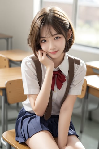 class_room,high school student,girl,short hair,bangs,wearing school uniform,she is sitting at desk and taking note,smile,Best Quality, 32k, photorealistic, ultra-detailed, finely detailed, high resolution, perfect dynamic composition, beautiful detailed eyes, sharp-focus, cowboy_shot, front shot,Asia