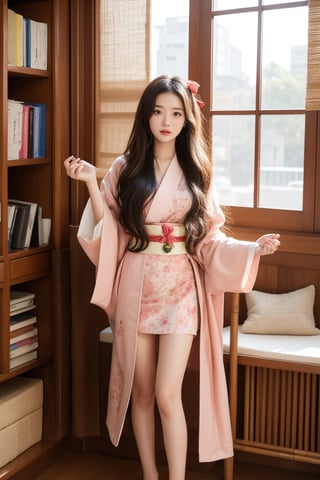 1girl, solo, long hair, looking at viewer, brown hair, black hair, ribbon, holding, , very long hair, hair ribbon, multicolored hair, japanese nude, indoors, pink eyes, bare feet, kimono, english text, cup, book, sash, window, chair, obi, pink ribbon, gag, haori, pink kimono, bamboo, bit gag, checkered sash, kamado nezuko,forehead, standing pose,Asia