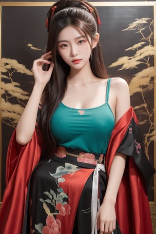 A 18-year-old Taiwanese beauty supermodel, cool and solo, with big natural breasts and long black hair, posing in a fashion model pose. Staring into the camera, the background is a soft Chinese color painting.,Asia