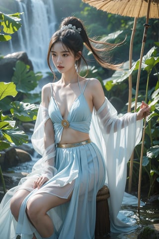 (RAW, Masterpiece, Best Quality, Photorealistic, HD, 8K), 1girl, 16 years old, black hair, long hair, hair blowing in the wind, traditional Chinese hairstyle, chair, Jin Yong martial arts, solo, hair accessories, pink lips. Long eyelashes, correct human body structure, standard female figure, thin, fairy temperament, (light blue thin and transparent clothes:1.2), bellyband, naked lower body, perfect of pussy, loose hair, very bright big eyes, fine hair, large pores , small breasts, navel, ponytail, arms, outdoors, Chinese sword, water, bun, holding weapon, uncensored, single bun, arms extended, realistic, waterfall, girl swinging sword, martial arts moves, sword fighting moves, jumping , lunge, stand independently, movements clearly visible. The sword is long and delicate, with a mountain background and a waterfall background. Large wide angle lens, movie lens, real photo, Chinese landscape painting scenery, blurred background. Full body photos, chinkstyle, ink painting,jianxian,(light blue ru skirt:1.2),xuer extravagant gown,Koi,xuer martial arts,xuer Lotus leaf, ,Asia
