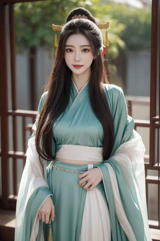 ancient chinese palace,secret garden,girl,1 yo,queen's hair,very_long_hair,hair_past_waist,smile,wearing transparent green long hanfu(very long sleeves),Best Quality, 32k, photorealistic, ultra-detailed, finely detailed, high resolution, perfect dynamic composition, beautiful detailed eyes, sharp-focus, cowboy_shot, front shot,hanfu101,gufeng,Asia