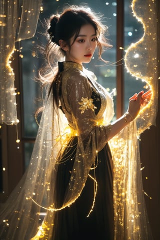 a beautiful Korean woman, avant-garde artistic dress, in a modern art gallery, glowing abstract sculptures, magical, fantasy, dreamy. shallow depth of field, vignette, highly detailed, high budget, bokeh, cinemascope, moody, epic, gorgeous, film grain, grainy, cinematic film, alive.,Asia