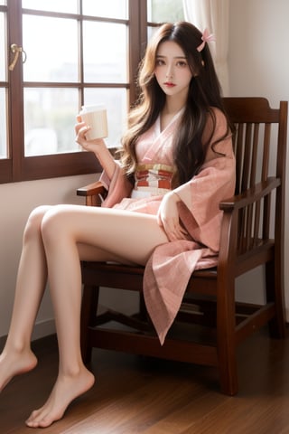 1girl, solo, long hair, looking at viewer, brown hair, black hair, ribbon, holding, , very long hair, hair ribbon, multicolored hair, japanese nude, indoors, pink eyes, bare feet, kimono, english text, cup, book, sash, window, chair, obi, pink ribbon, gag, haori, pink kimono, bamboo, bit gag, checkered sash, kamado nezuko,forehead, standing pose,Asia