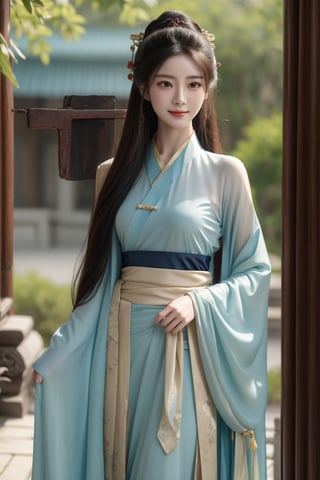 ancient chinese palace,secret garden,girl,1 yo,queen's hair,very_long_hair,hair_past_waist,smile,wearing transparent green long hanfu(very long sleeves),Best Quality, 32k, photorealistic, ultra-detailed, finely detailed, high resolution, perfect dynamic composition, beautiful detailed eyes, sharp-focus, cowboy_shot, front shot,hanfu101,gufeng,Asia