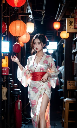 A serene Asian woman stands confidently in a dimly lit alleyway, her slender figure illuminated by the soft glow of lanterns overhead. She wears a traditional kimono with vibrant colors and intricate designs, its flowing fabric rustling softly as she poses, one hand resting on her hip, the other holding a delicate fans. Hottest Queen, ,nhaythoaty,Asia