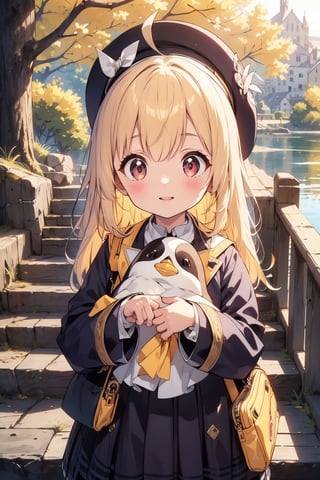 masterpiece,illustration,ray tracing,finely detailed,best detailed,Clear picture,intricate details,highlight,
anime,
gothic architecture,
looking at viewer,

nature,gothic architecture,bird,the lakeside in the heart of the forest,the staircase of the balcony,

NikkeRei,
1girl,loli,baby,long hair,hat,light blonde hair,
yellow bow,yellow bag,skirt,upper body,
NikkePenguin,Penguin,