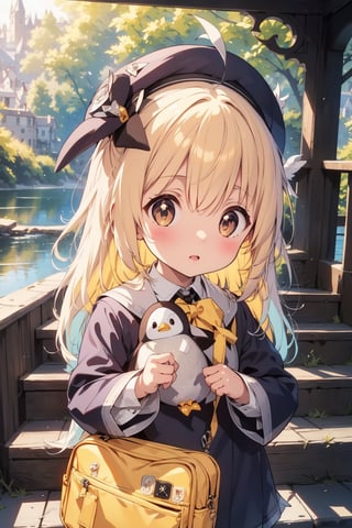 masterpiece,illustration,ray tracing,finely detailed,best detailed,Clear picture,intricate details,highlight,
anime,
gothic architecture,
looking at viewer,

nature,gothic architecture,bird,the lakeside in the heart of the forest,the staircase of the balcony,

NikkeRei,
1girl,loli,baby,long hair,hat,light blonde hair,
yellow bow,yellow bag,skirt,upper body,
NikkePenguin,Penguin,