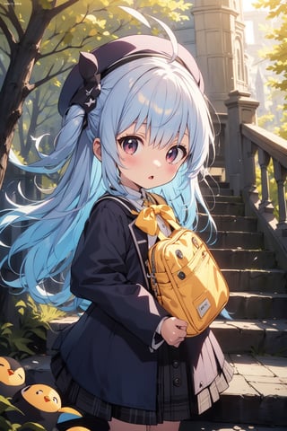 masterpiece,illustration,ray tracing,finely detailed,best detailed,Clear picture,intricate details,highlight,
anime,
gothic architecture,
looking at viewer,

nature,gothic architecture,bird,the lakeside in the heart of the forest,the staircase of the balcony,

NikkeRei,
1girl,loli,baby,long hair,hat,light blue hair,
yellow bow,yellow bag,skirt,upper body,
NikkePenguin,Penguin,