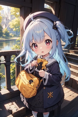 masterpiece,illustration,ray tracing,finely detailed,best detailed,Clear picture,intricate details,highlight,
anime,
gothic architecture,
looking at viewer,

nature,gothic architecture,bird,the lakeside in the heart of the forest,the staircase of the balcony,

NikkeRei,
1girl,loli,baby,long hair,hat,light blue hair,
yellow bow,yellow bag,skirt,upper body,
NikkePenguin,Penguin,