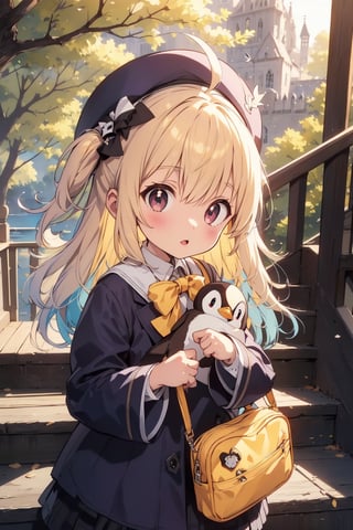 masterpiece,illustration,ray tracing,finely detailed,best detailed,Clear picture,intricate details,highlight,
anime,
gothic architecture,
looking at viewer,

nature,gothic architecture,bird,the lakeside in the heart of the forest,the staircase of the balcony,

NikkeRei,
1girl,loli,baby,long hair,hat,light blonde hair,
yellow bow,yellow bag,skirt,upper body,
NikkePenguin,Penguin,