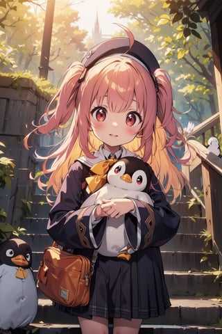 masterpiece,illustration,ray tracing,finely detailed,best detailed,Clear picture,intricate details,highlight,
anime,
gothic architecture,
looking at viewer,

nature,gothic architecture,bird,the lakeside in the heart of the forest,the staircase of the balcony,

NikkeRei,
1girl,loli,baby,long hair,hat,light red hair,
yellow bow,yellow bag,skirt,upper body,
NikkePenguin,Penguin,