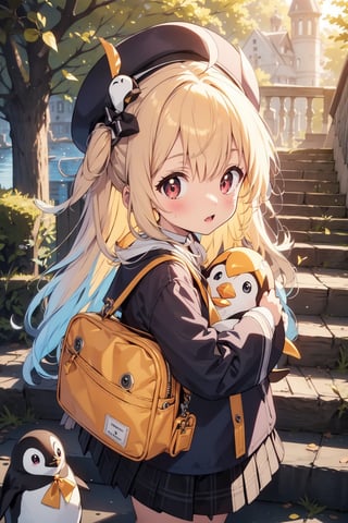 masterpiece,illustration,ray tracing,finely detailed,best detailed,Clear picture,intricate details,highlight,
anime,
gothic architecture,
looking at viewer,

nature,gothic architecture,bird,the lakeside in the heart of the forest,the staircase of the balcony,

NikkeRei,
1girl,loli,baby,long hair,hat,light blonde hair,
yellow bow,yellow bag,skirt,upper body,
NikkePenguin,Penguin,