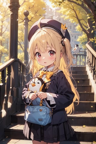 masterpiece,illustration,ray tracing,finely detailed,best detailed,Clear picture,intricate details,highlight,
anime,
gothic architecture,
looking at viewer,

nature,gothic architecture,bird,the lakeside in the heart of the forest,the staircase of the balcony,

NikkeRei,
1girl,loli,baby,long hair,hat,light blonde hair,
yellow bow,yellow bag,skirt,upper body,
NikkePenguin,Penguin,