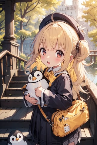 masterpiece,illustration,ray tracing,finely detailed,best detailed,Clear picture,intricate details,highlight,
anime,
gothic architecture,
looking at viewer,

nature,gothic architecture,bird,the lakeside in the heart of the forest,the staircase of the balcony,

NikkeRei,
1girl,loli,baby,long hair,hat,light blonde hair,
yellow bow,yellow bag,skirt,upper body,
NikkePenguin,Penguin,