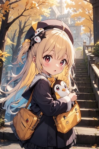 masterpiece,illustration,ray tracing,finely detailed,best detailed,Clear picture,intricate details,highlight,
anime,
gothic architecture,
looking at viewer,

nature,gothic architecture,bird,the lakeside in the heart of the forest,the staircase of the balcony,

NikkeRei,
1girl,loli,baby,long hair,hat,light blonde hair,
yellow bow,yellow bag,skirt,upper body,
NikkePenguin,Penguin,