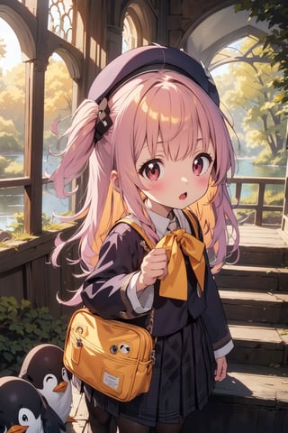 masterpiece,illustration,ray tracing,finely detailed,best detailed,Clear picture,intricate details,highlight,
anime,
gothic architecture,
looking at viewer,

nature,gothic architecture,bird,the lakeside in the heart of the forest,the staircase of the balcony,

NikkeRei,
1girl,loli,baby,long hair,hat,light red hair,
yellow bow,yellow bag,skirt,upper body,
NikkePenguin,Penguin,