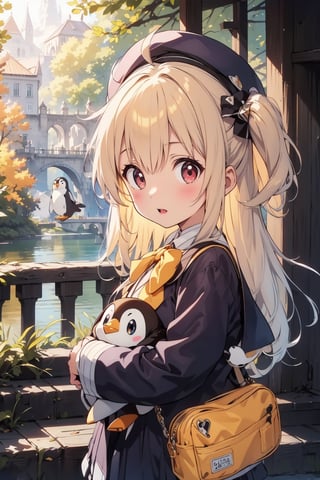 masterpiece,illustration,ray tracing,finely detailed,best detailed,Clear picture,intricate details,highlight,
anime,
gothic architecture,
looking at viewer,

nature,gothic architecture,bird,the lakeside in the heart of the forest,the staircase of the balcony,

NikkeRei,
1girl,loli,baby,long hair,hat,light blonde hair,
yellow bow,yellow bag,skirt,upper body,
NikkePenguin,Penguin,