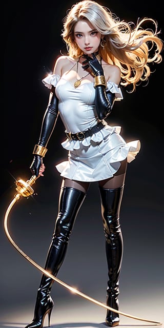 (((Must Include One Extremely Thin Golden Bullwhip Only with visible handle))), (((dominatrix))), (((femdom))), (((must hold one golden bullwhip with silver handle in right hand firmly))), (((must include short skirt))), (((must include shoulder gear))), (((must include pantyhose))), (((Thin whip string))), (((cylindrical whip string))), (((left hand on waist))), (((blank background))), (((blank black background))), (((black pantyhose must cover all the way to hip))), (((leather thigh boots with Stiletto heels with spurs))), (((thight high boots))), (((black sheer pantyhose))), (((earring))), (((necklace))), (((long gloves))), expensive jewelries, (((noble top attires))), (((bra))), laugher facial expression, femme fatale, Russian girl, caucasian woman, (((mature))), (((holding whip handle))), masterpiece, best quality, photorealistic, raw photo, 1girl, long blonde hair, blouse, light smile, detailed skin, pore, (((voluptuous))), (((large eyes))), off_shoulder, Realism, beautiful and aesthetic, 16K, (HDR:1.4), high contrast, bokeh:1.2, lens flare, (vibrant color:1.4), (muted colors, dim colors, soothing tones:0), cinematic lighting, ambient lighting, sidelighting, Exquisite details and textures, cinematic shot, Warm tone, (Bright and intense:1.2), wide shot, by playai, ultra realistic illustration, siena natural ratio, Full length side view, cinematic lighting, ambient lighting, sidelighting, Black background, Studio lighting, professional photography, rich color,Looking down,red hair, forehead,dress, long sleeves, milf, big_thighs, big_breasts,Detailedface,1girl,mature female,motherly,black pantyhose,1boy,black_footwear,loafers ,serafuku