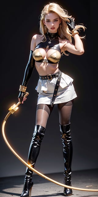 (((Must Include One Extremely Thin Golden Bullwhip Only with visible handle))), (((dominatrix))), (((femdom))), (((must hold one golden bullwhip with silver handle in right hand firmly))), (((must include short skirt))), (((must include shoulder gear))), (((must include pantyhose))), (((Thin whip string))), (((cylindrical whip string))), (((left hand on waist))), (((blank background))), (((blank black background))), (((black pantyhose must cover all the way to hip))), (((leather thigh boots with Stiletto heels with spurs))), (((thight high boots))), (((black sheer pantyhose))), (((earring))), (((necklace))), (((long gloves))), expensive jewelries, (((noble top attires))), (((bra))), laugher facial expression, femme fatale, Russian girl, caucasian woman, (((mature))), (((holding whip handle))), masterpiece, best quality, photorealistic, raw photo, 1girl, long blonde hair, blouse, light smile, detailed skin, pore, (((voluptuous))), off_shoulder, Realism, beautiful and aesthetic, 16K, (HDR:1.4), high contrast, bokeh:1.2, lens flare, (vibrant color:1.4), (muted colors, dim colors, soothing tones:0), cinematic lighting, ambient lighting, sidelighting, Exquisite details and textures, cinematic shot, Warm tone, (Bright and intense:1.2), wide shot, by playai, ultra realistic illustration, siena natural ratio, Full length side view, cinematic lighting, ambient lighting, sidelighting, Black background, Studio lighting, professional photography, rich color,Looking down,red hair, forehead,dress, long sleeves, milf, big_thighs, big_breasts,Detailedface,genshinweapon,1girl,mature female,motherly,black pantyhose,1boy,black_footwear,loafers 