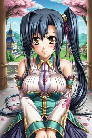 kan'u \(koihime musou\),kan'u,glitter,porcelain_art,Dragon, (sakura trees in the background), sakura_petals blowing in the wind, head_in_lap(pov)