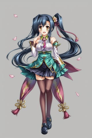 kan'u \(koihime musou\),kan'u,full-body_portrait,glitter,porcelain_art,Dragon, (sakura blossoms in the background), sakura_petals blowing in the wind