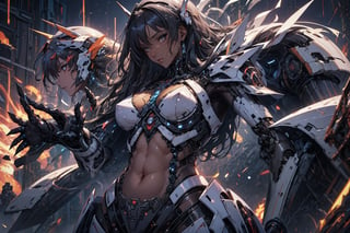 score_9, score_8_up, score_7_up, score_6_up,rating_explicit,vector trace,mecha_musume,(bikini_armor), exposed_belly, long_hair(black),black_hair, black_armor,mecha_girl_figure,Energy light particle mecha,mecha,(full_body),More Detail,(dark_skin_female),claws, score_9_up,1 girl,bodysuit,Details++