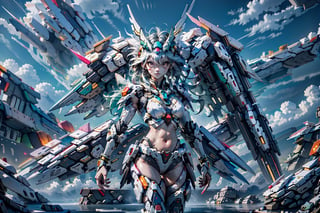 A mecha musume stands proudly in a futuristic cityscape, her black hair flowing behind her like a river of night. She wears a bikini-armor set adorned with intricate dragon designs, complemented by an armoured mask that covers her Chinese-inspired face. The 5 Green Crystal Mecha Dragons looms large beside her, their scales glistening under the neon lights that illuminate the darkened metropolis.