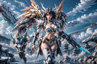 A mecha musume stands proudly in a futuristic cityscape, her black hair flowing behind her like a river of night. She wears a bikini-armor set adorned with intricate dragon designs, complemented by an armoured mask that covers her Chinese-inspired face. The 5 Green Crystal Mecha Dragons looms large beside her, their scales glistening under the neon lights that illuminate the darkened metropolis.