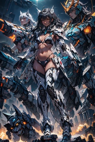 1girl,Wolf_girl,mecha_musume,(bikini_armor), exposed_belly, long_hair(black),black_hair, black_armor,mecha_girl_figure,Energy light particle mecha,robot_wolf,mecha,(full_body),were-wolf,More Detail,(dark_skin_female),claws,