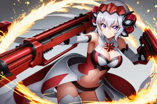 Close-up shot of YukineChris, her eyes locked intensely on the lens as she holds a futuristic-looking Gatling gun in each hand. The guns' rotating barrels spin rapidly, casting a metallic whirring sound against the darkened background. Her pose exudes confidence and authority, with one gun pointing directly at the camera while the other is cocked and ready to fire.